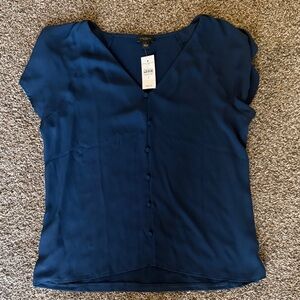 Ann Taylor Factory Navy V-Neck Button Front Cap Sleeve Blouse